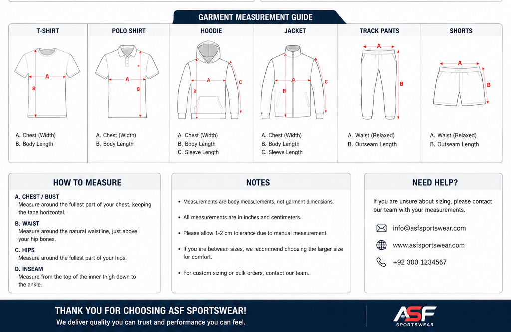 ASF Sportswear Garment Measurement Guide for T-Shirts, Polo Shirts, Hoodies, Jackets, Shorts and Track Pants