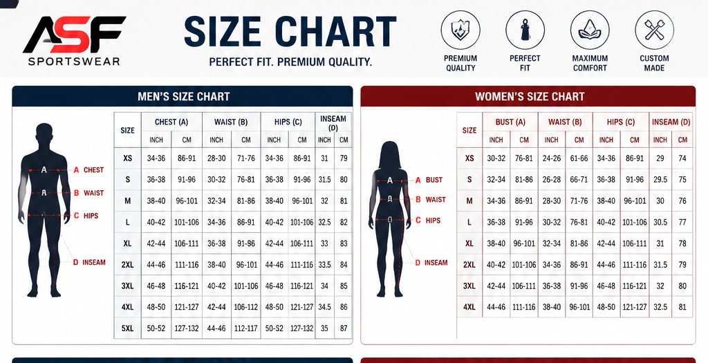 ASF Sportswear Men's and Women's Size Chart for Sportswear and Team Uniforms