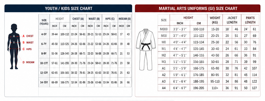 ASF Sportswear Youth and Martial Arts Uniform Size Chart